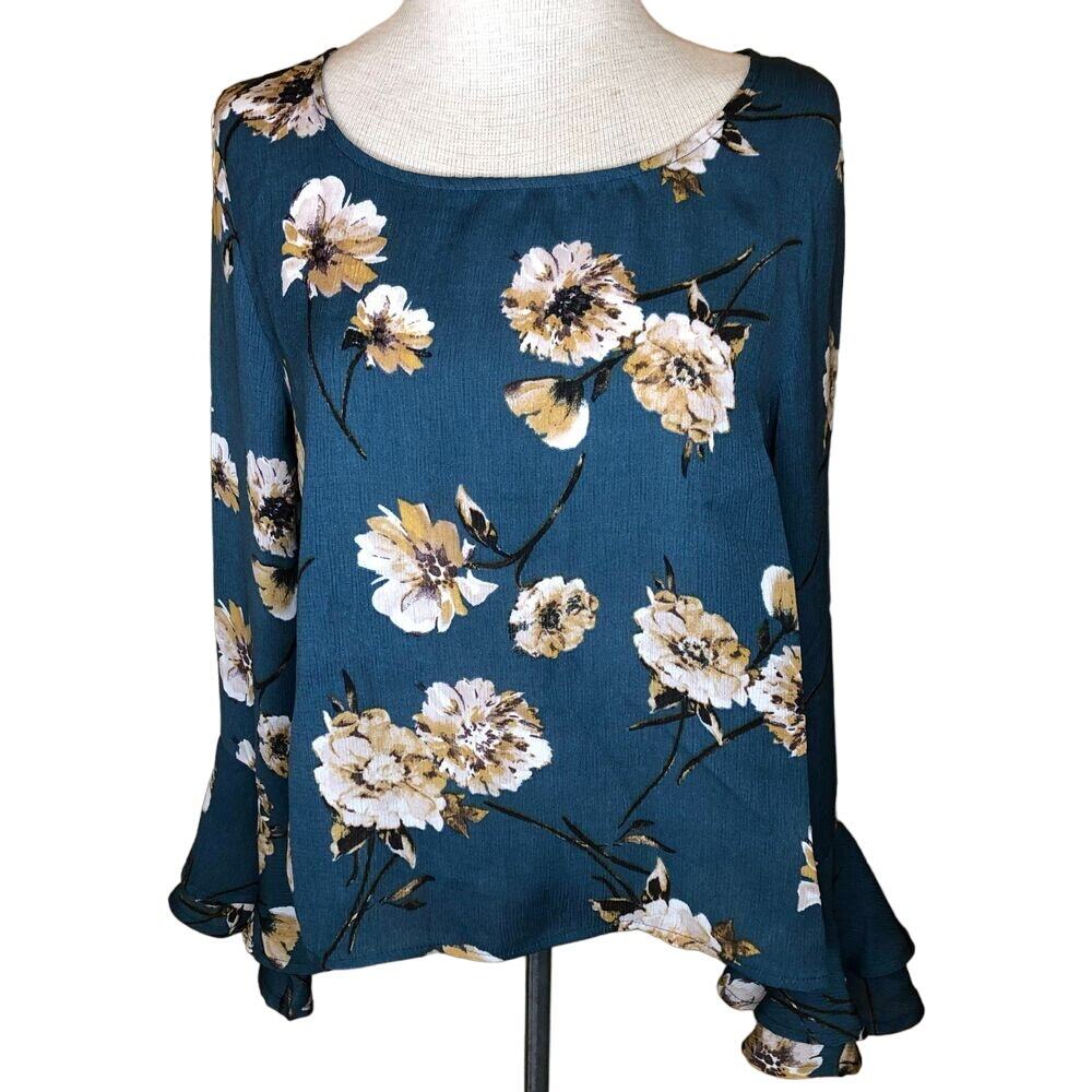 She + Sky Shirt Teal Long Sleeve Floral Blouse New S